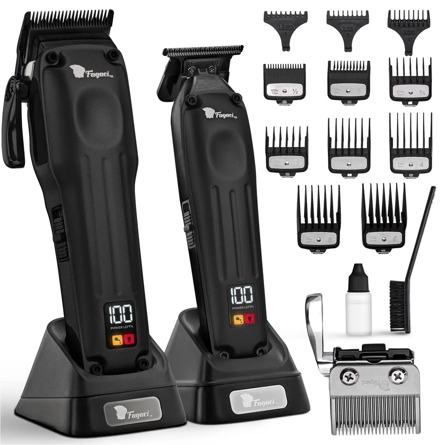 Hair trimmer set with attachments on a white background